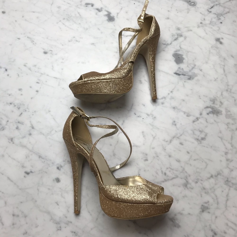 CeCe Gold Glitter Metallic Open Toe Stiletto Heels - Picture 6 of 11